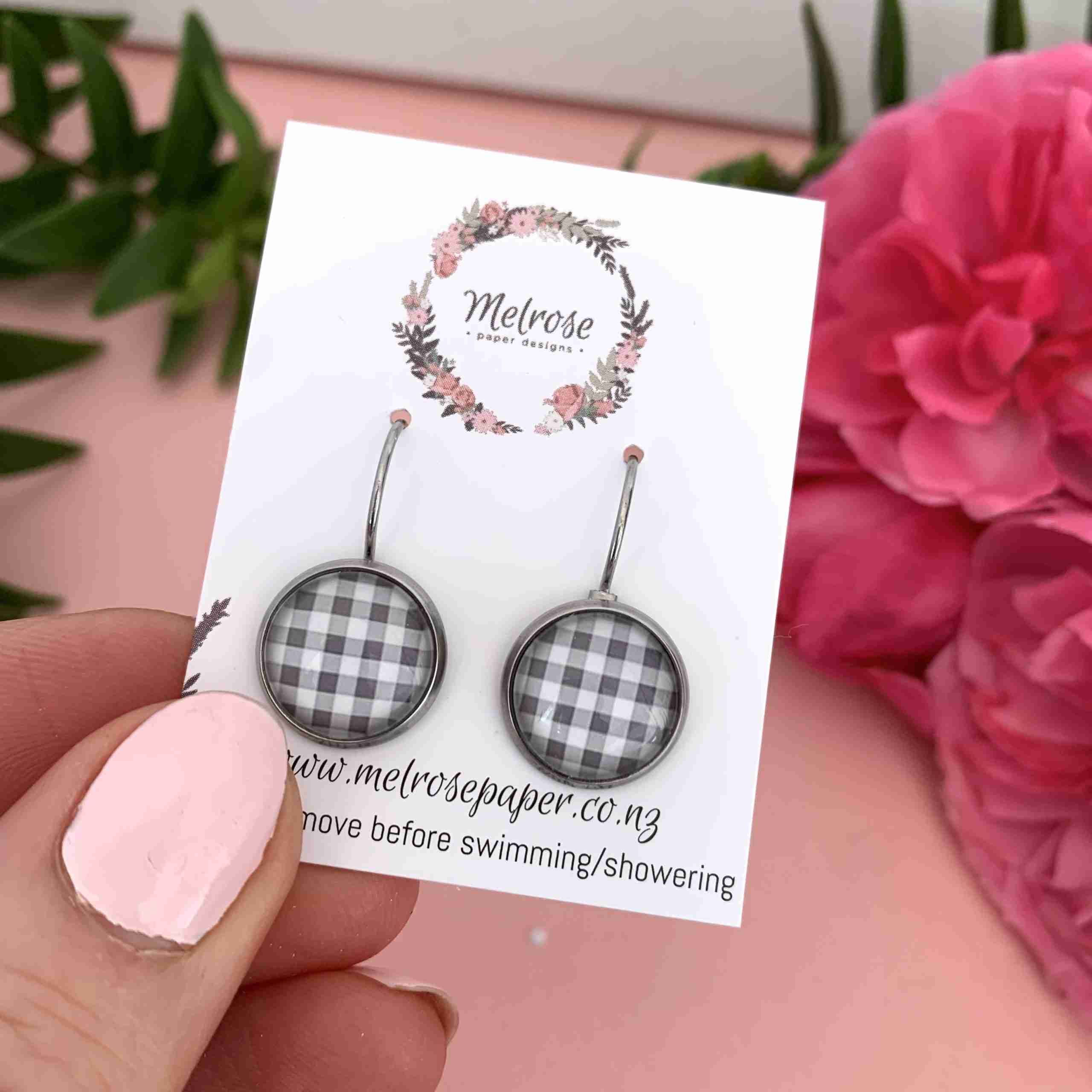 gingham french lever grey earrings